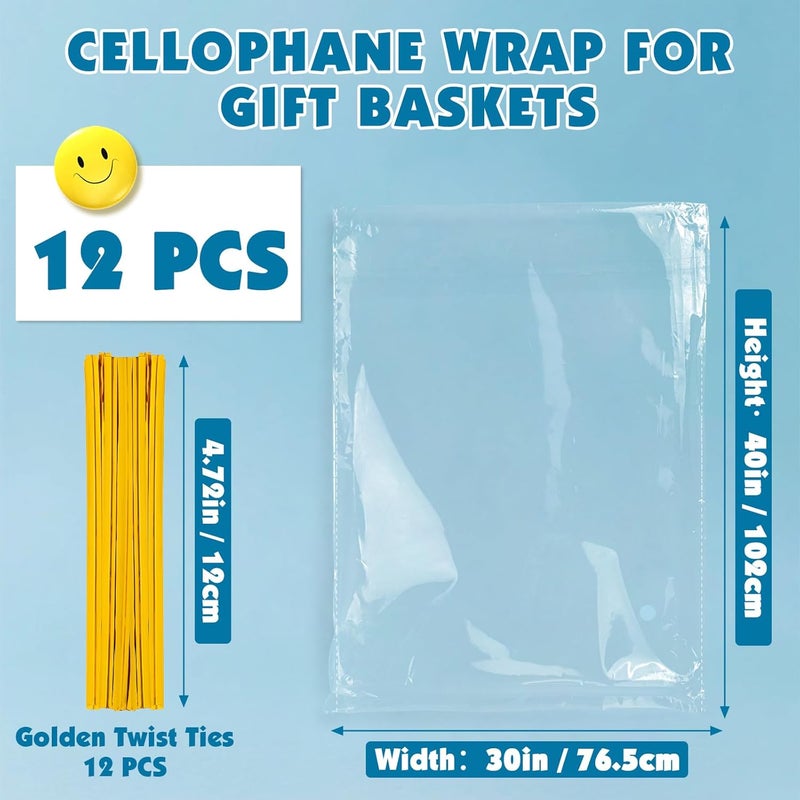 NUITPY 12 Pcs Large Cellophane Bags, 30 x 40 Inchs Cellophane Wrap for Gift Baskets, Durable Cellophane Gift Bag, Clear Basket Bag - Complimentary 12 Pcs Golden Twist Ties - Image 2